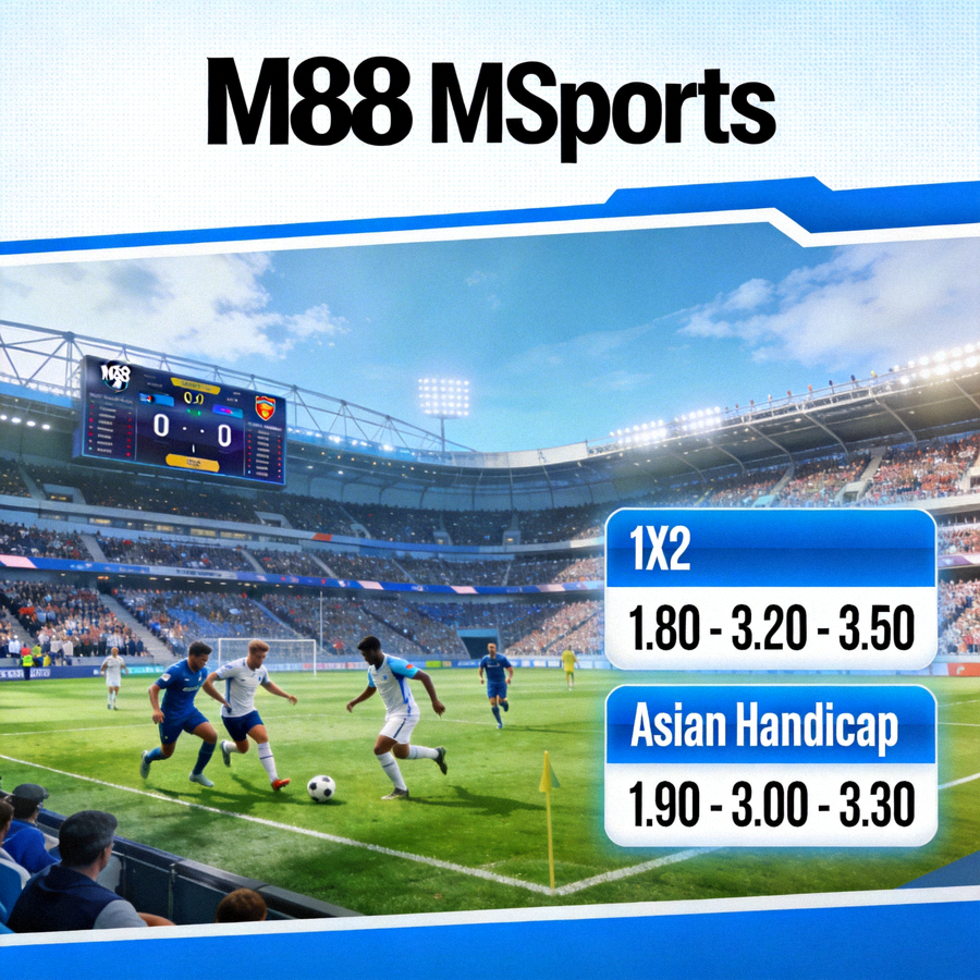 Tampilan detail pertandingan sepak bola di M88 MSports dengan berbagai pilihan pasar taruhan seperti 1X2 dan Asian Handicap