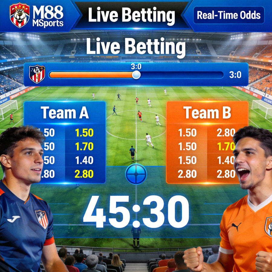 Tampilan live betting M88 MSports dengan odds yang berubah secara real-time selama pertandingan berlangsung