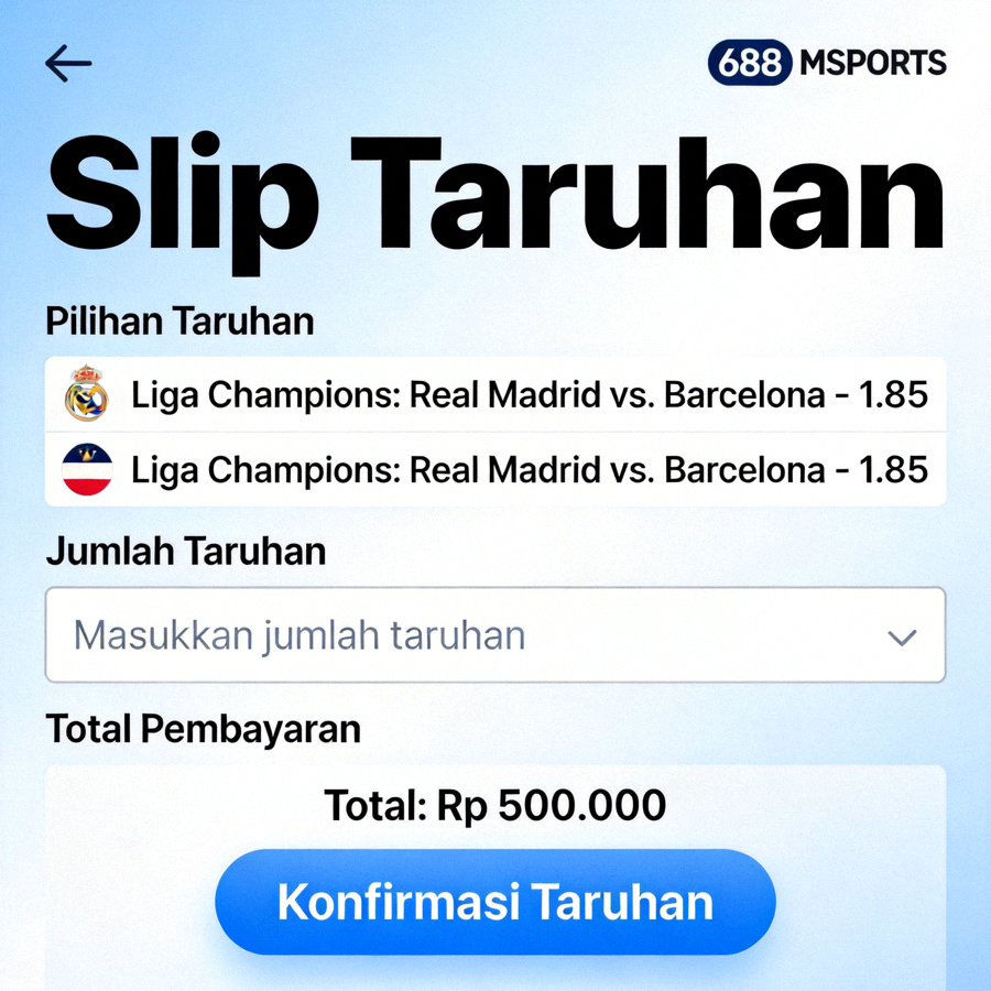 Tampilan slip taruhan Bet Slip di M88 MSports untuk mengonfirmasi pilihan dan jumlah taruhan sebelum dipasang